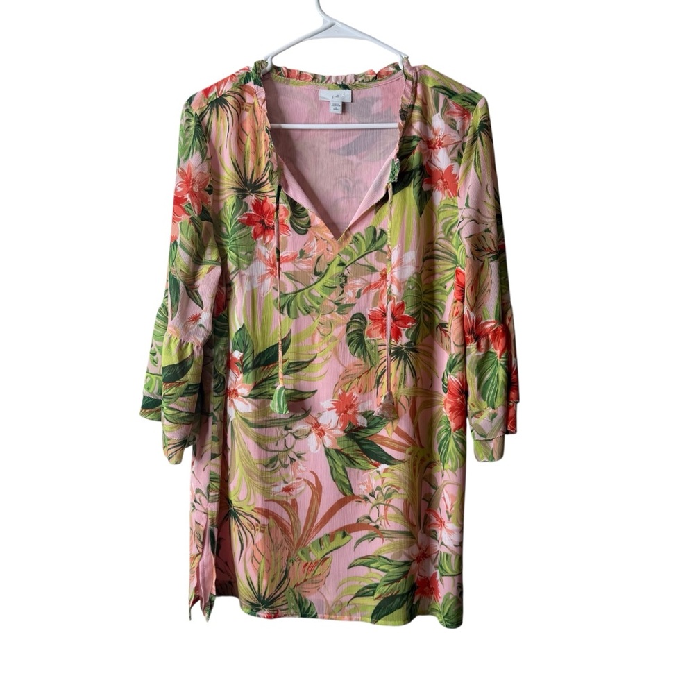J Jill Pink Tropical Floral Palm Leaf Bell 3/4 Sleeve Blouse